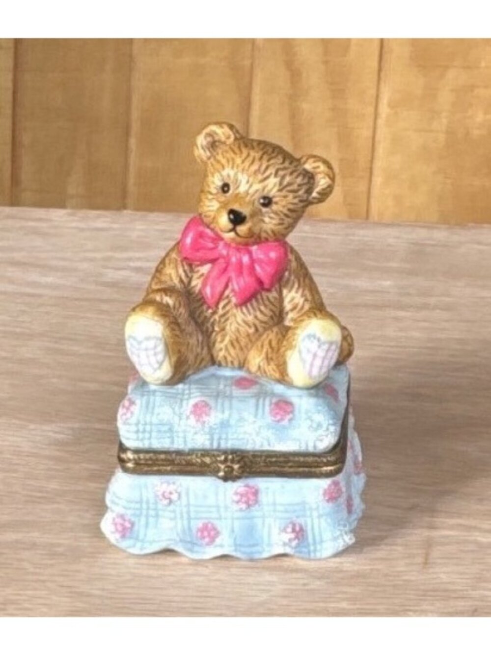 Vintage Teddy Bear Trinket Box Hinged Ceramic Keepsake On Blue Cushion By SCC